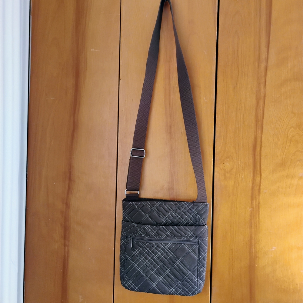 Thirty-One Brown Plaid Crossbody Bag With Purple Nylon Lining